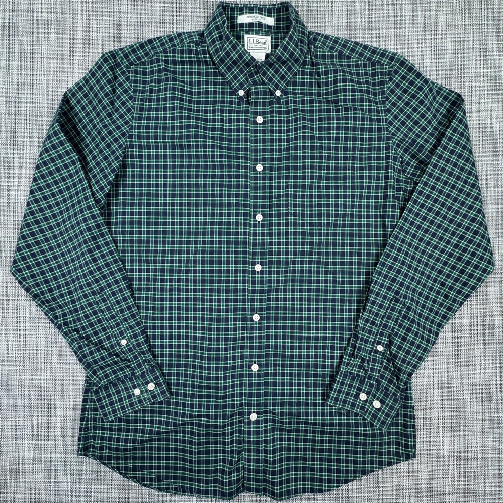LL Bean Mens LT Slim Fit Wrinkle Free Cotton Shirt Green Navy Plaid Button Down